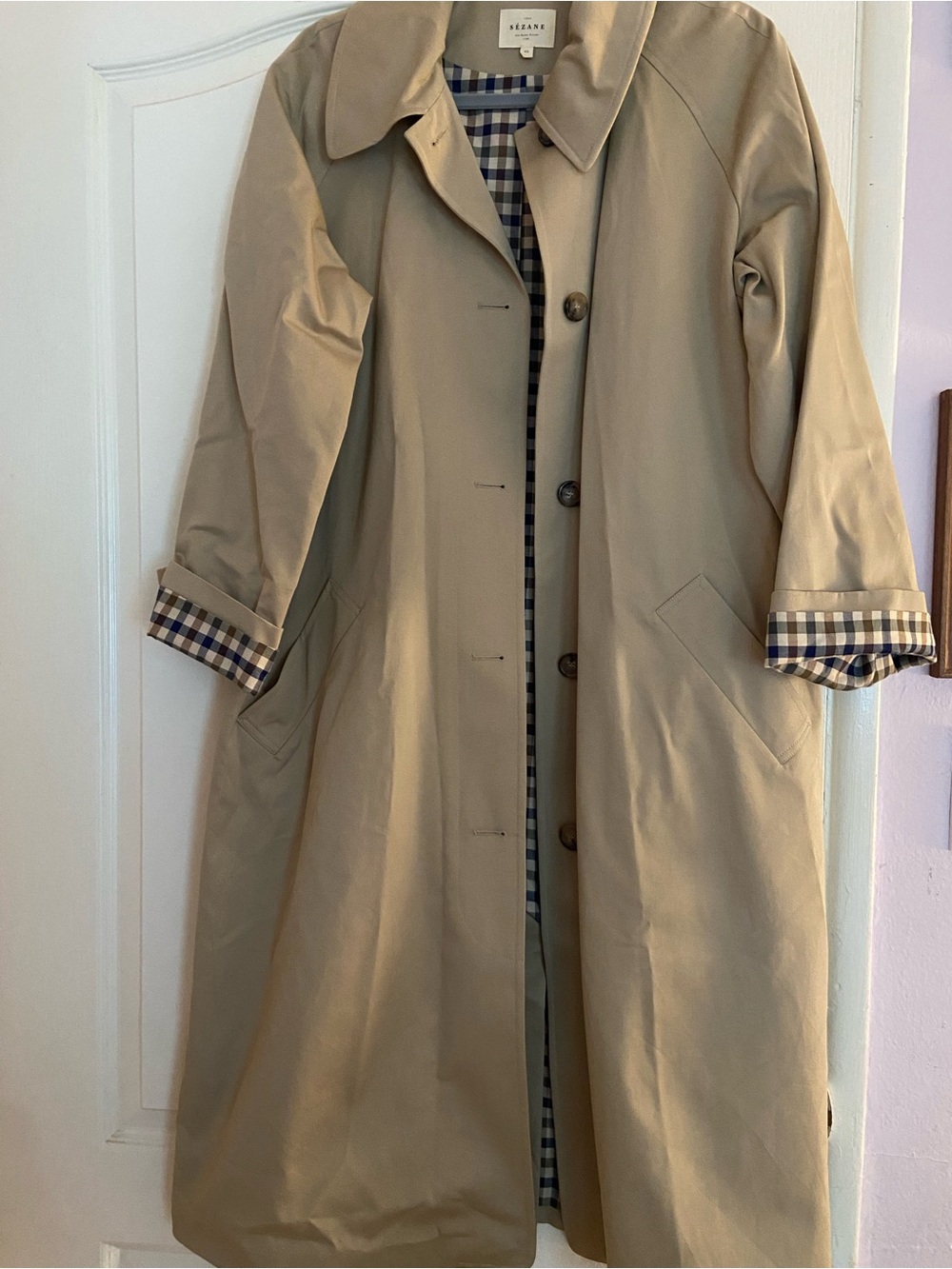 Sezane Long Tan Trench Coat with Checked Cuff Detail